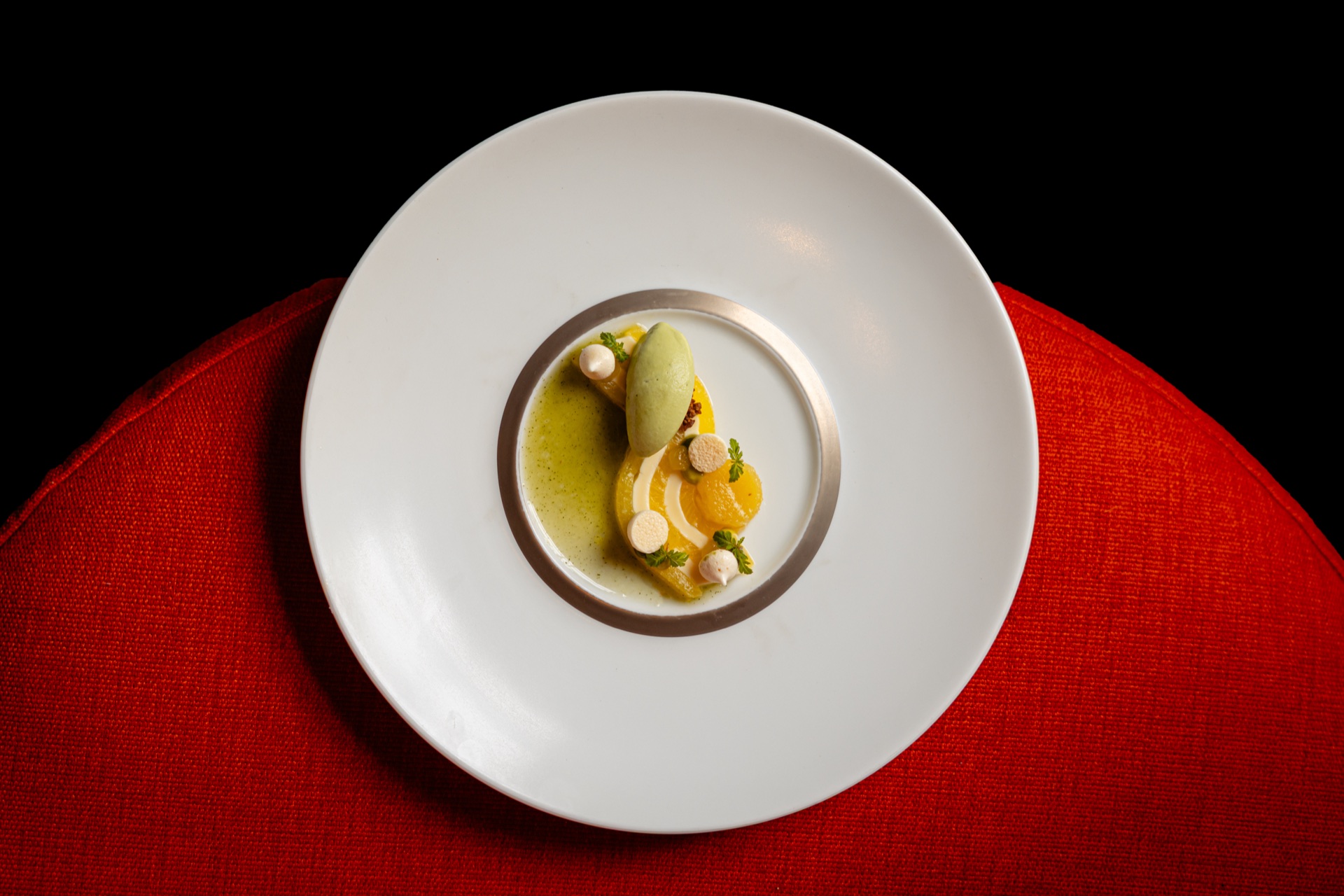 Dessert on a white plate against a red background